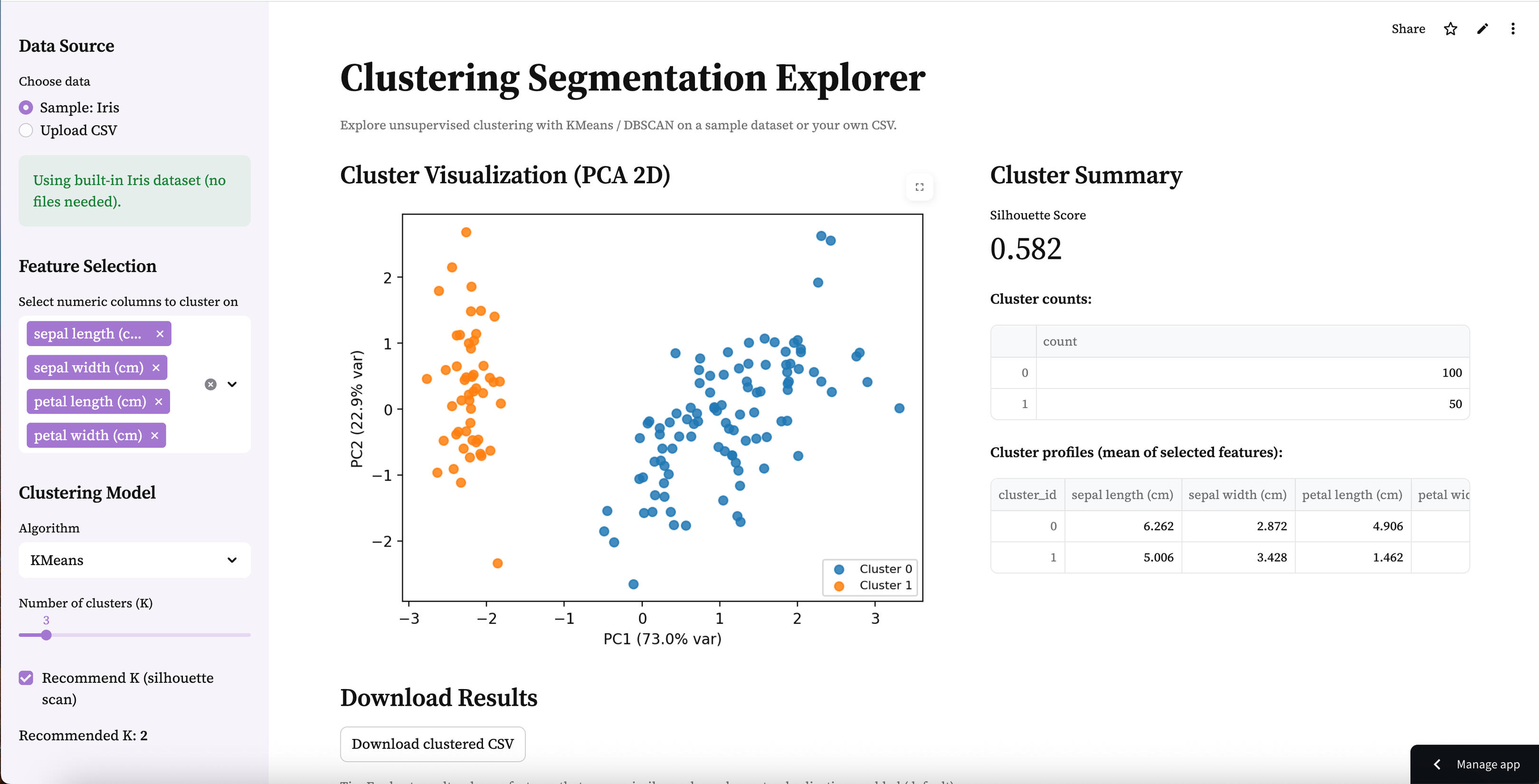 Clustering Segmentation Explorer – Streamlit Demo preview