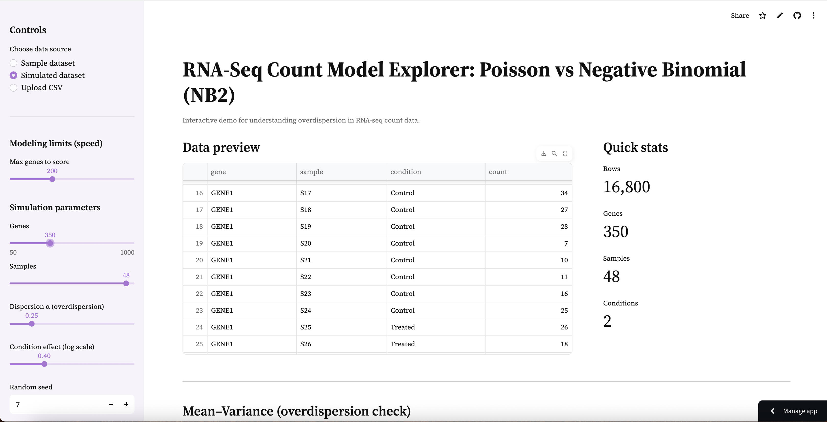 RNA-Seq Count Model Explorer – Streamlit Demo preview
